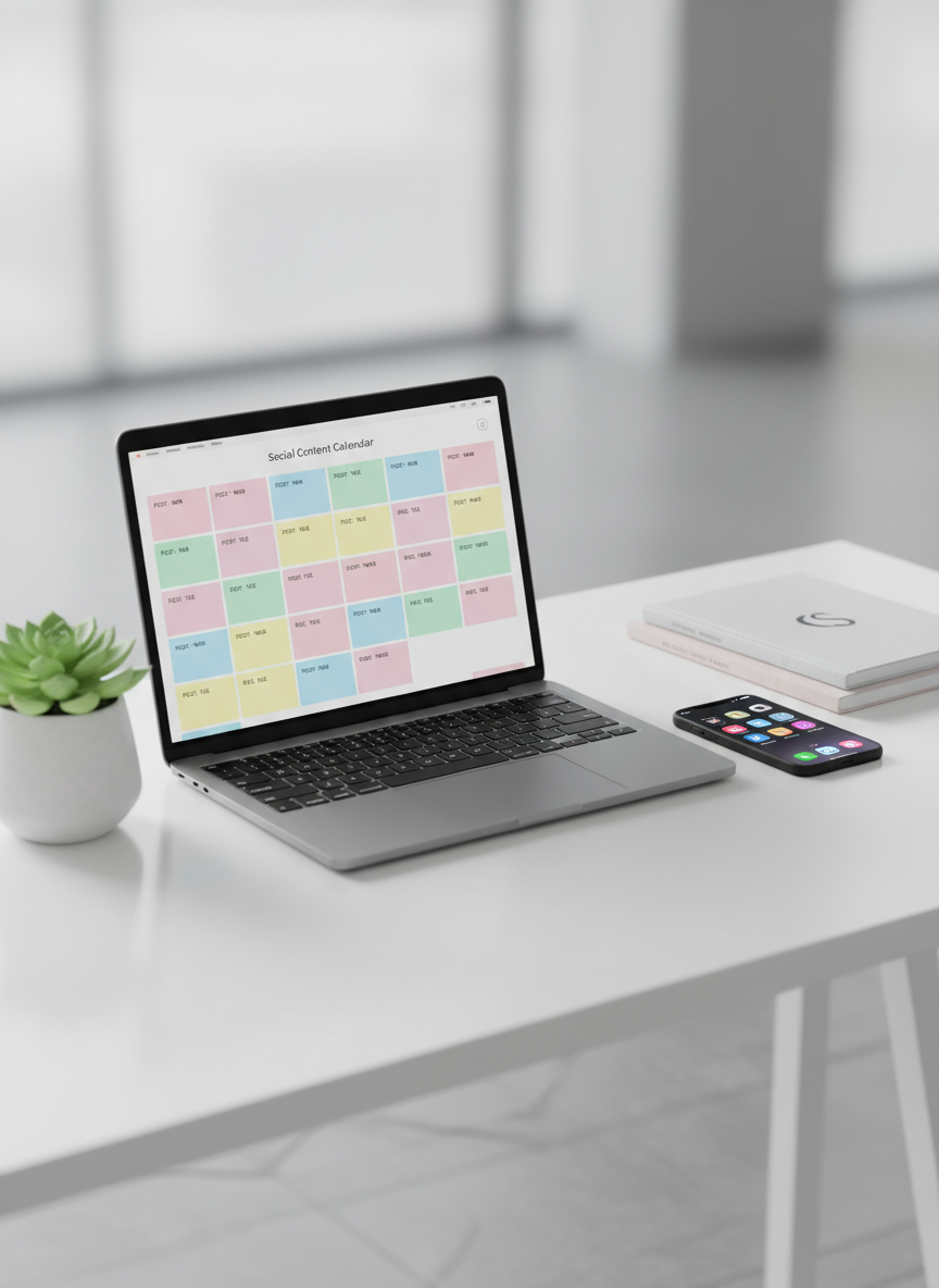 A meticulously organized white desk featuring an open silver laptop displaying a clean social media content calendar grid, each cell filled with pastel-colored blocks. Surrounding the laptop are neatly stacked branded notebooks, a matte black smartphone with multiple social media app icons glowing on screen, and a small ceramic pot with a vibrant green plant. Soft daylight from an unseen window washes across the smooth desktop, creating gentle reflections and subtle shadows. Photographic realism with a clean, modern aesthetic, shot from a slightly elevated angle with shallow depth of field, keeping the laptop screen in crisp focus while the background fades into a soft bokeh for a focused, strategic yet creative mood.