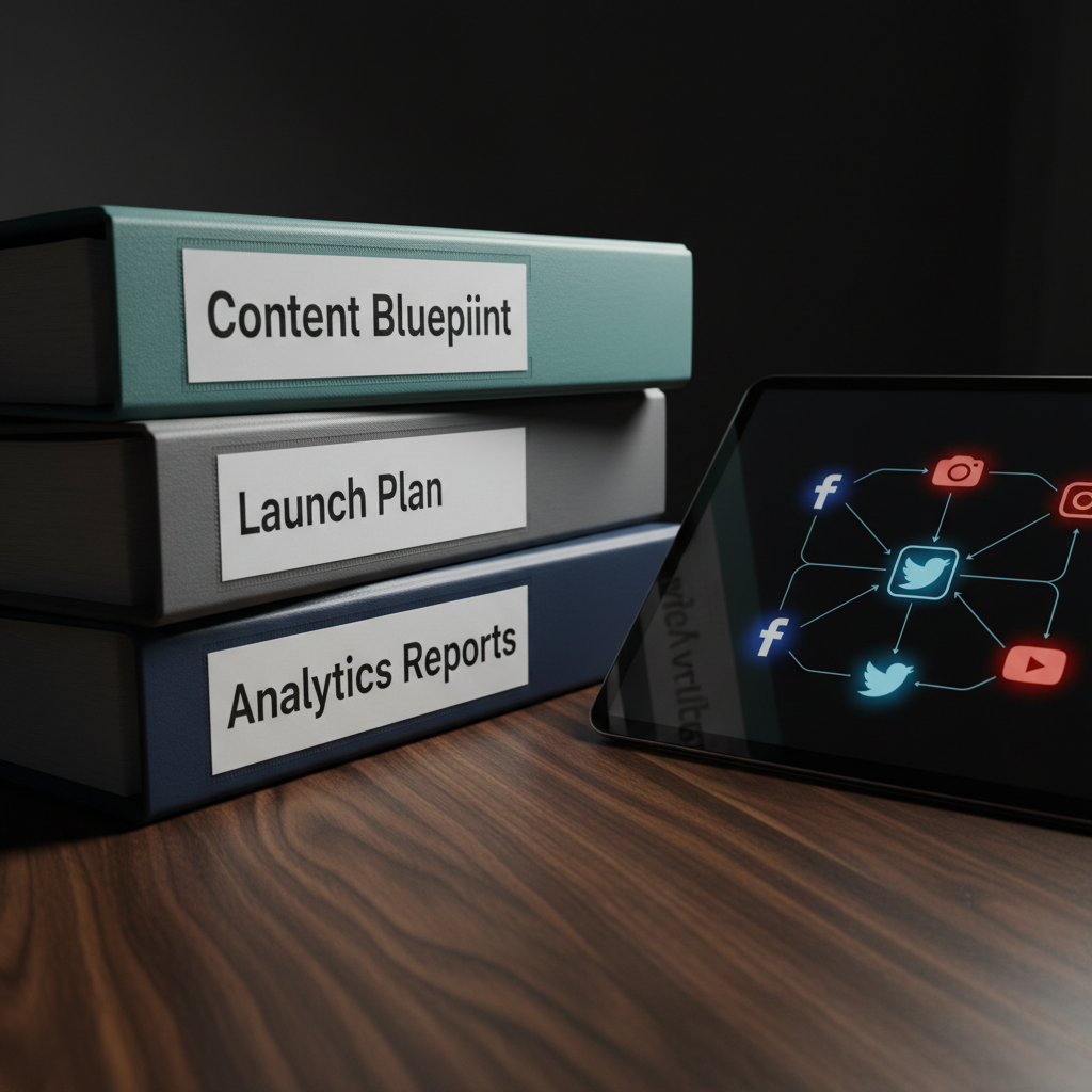 A dramatic low-angle close-up of a stack of thick, matte-finish strategy binders labeled “Content Blueprint,” “Launch Plan,” and “Analytics Reports” in clean sans-serif typography, resting on a dark walnut table. Beside them lies a glossy tablet showing a content workflow diagram flowing through icons of various social media platforms. A subtle spotlight from above creates striking highlights on the binder spines and soft shadows that stretch across the table’s natural wood grain. The photographic realism emphasizes texture and contrast, with a moody yet focused atmosphere that conveys depth, seriousness, and the power of a well-structured social media marketing strategy.