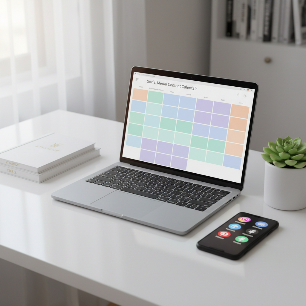 A meticulously organized white desk featuring an open silver laptop displaying a clean social media content calendar grid, each cell filled with pastel-colored blocks. Surrounding the laptop are neatly stacked branded notebooks, a matte black smartphone with multiple social media app icons glowing on screen, and a small ceramic pot with a vibrant green plant. Soft daylight from an unseen window washes across the smooth desktop, creating gentle reflections and subtle shadows. Photographic realism with a clean, modern aesthetic, shot from a slightly elevated angle with shallow depth of field, keeping the laptop screen in crisp focus while the background fades into a soft bokeh for a focused, strategic yet creative mood.