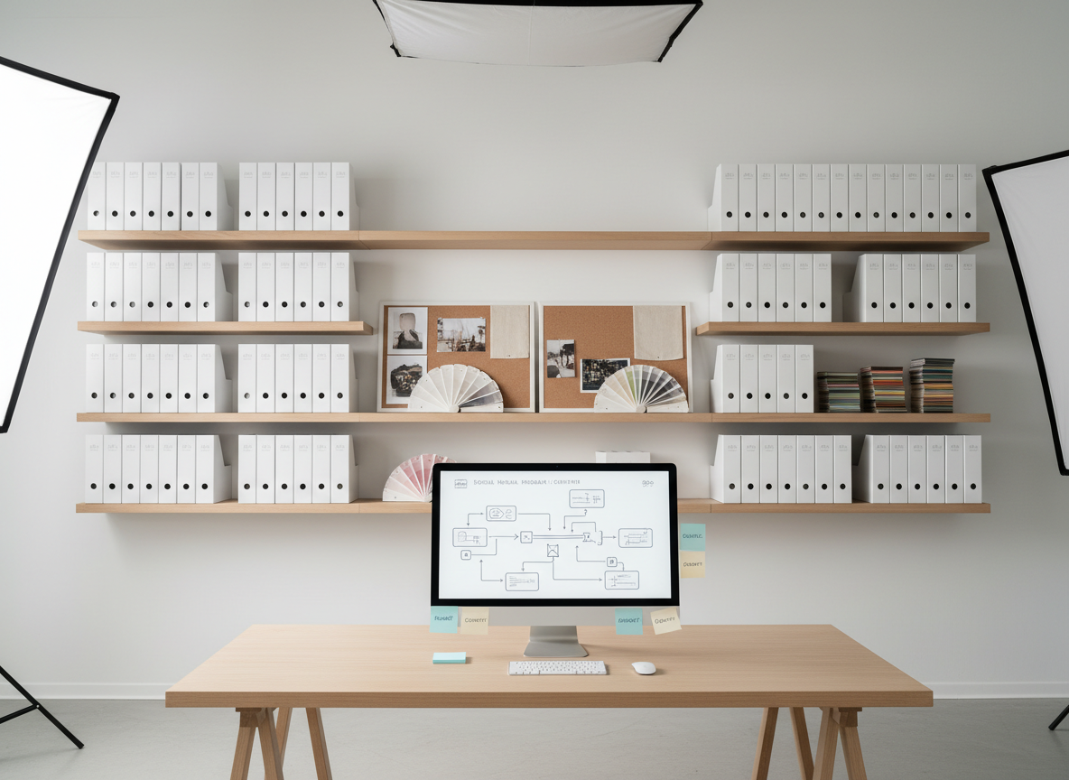 A wide, panoramic view of a minimalist content studio setup: a matte white backdrop wall with floating shelves holding neatly aligned brand binders, mood boards, and color swatch books. In the foreground, a sturdy wooden table supports a large monitor showing a polished social media content blueprint diagram, surrounded by neatly arranged sticky notes and a slim wireless keyboard. Soft, even studio lighting illuminates the entire scene without harsh shadows, creating a calm, professional atmosphere. Photographic realism, shot at eye level with a slightly wide-angle lens, gives a sense of spaciousness and clarity, reflecting a strategic, big-picture approach to building social media marketing systems.