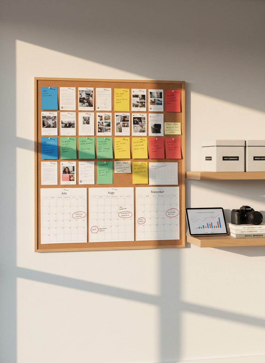 A large cork vision board mounted on a smooth white wall, covered in precisely pinned printed social media post mockups, color-coded strategy notes, and neatly arranged calendar pages marked with bold launch dates. On a nearby light oak shelf, there are labeled storage boxes, a tablet showing analytics graphs, and a camera resting on a stack of brand guideline books. Late afternoon natural light streams in from the left, casting warm, directional shadows that add depth. The image is captured at eye level in photographic realism, with a balanced composition that feels intentional, calm, and strategic, emphasizing planning and creative structure for social media marketing.