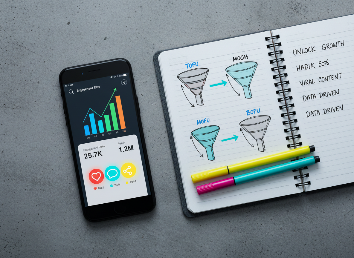 A close-up of a sleek black smartphone lying on a textured concrete surface, its bright screen displaying a high-engagement social media dashboard with bold graphs, rising metrics, and colorful engagement icons. Next to it, a spiral-bound content blueprint notebook lies open, revealing neatly sketched funnels, arrows, and headline ideas in precise handwriting with color-coded markers resting across the page. Cool, diffused studio lighting from above creates minimal glare and clean shadows, enhancing the modern, analytical feel. Shot from a top-down, bird’s-eye perspective in photographic realism, with sharp focus throughout, the composition suggests data-driven creativity and organized strategy for social media marketing.