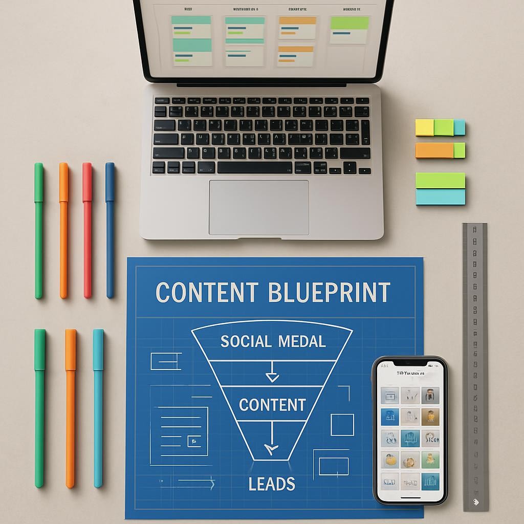 A detailed flat-lay of a “content blueprint” workspace arranged on a smooth, pale concrete surface: an unfolded blueprint-style sheet with crisp white lines sketching a social media funnel, surrounded by neatly aligned colored pens, a ruler, sticky tabs, and a smartphone showing a scheduled posts grid. A slim laptop at the top edge displays a minimalist project management board with tasks moving through stages. Soft overhead daylight diffuses evenly, reducing harsh shadows and maintaining a clean, modern photographic realism. The top-down composition is symmetrical and intentional, creating a calm, methodical mood that highlights the blend of creativity and precise strategy behind impactful social media marketing.